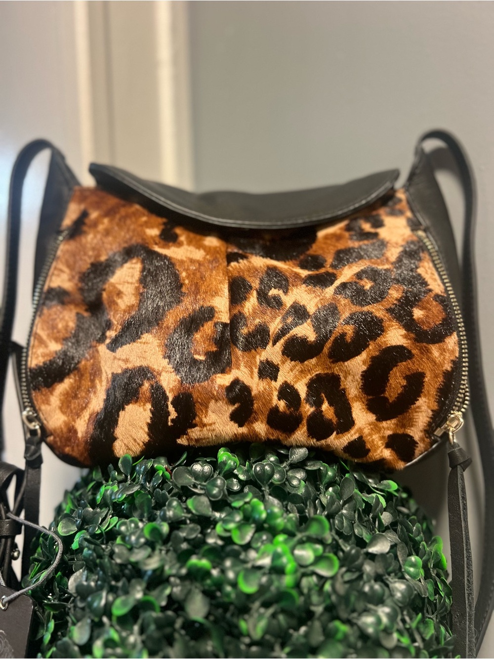Vince Camuto Leopard Print Crossbody with Black Trim